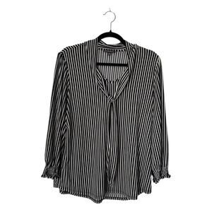 Adrianna Papell Top Size L Black White Striped Tie Front Blouse Office Secretary